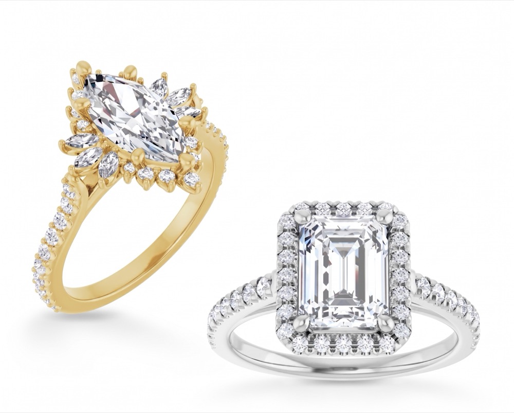 Fine jewelry — marquise halo and emerald-cut halo bridal rings